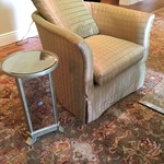 great upholstered chairs & mirrored side tables