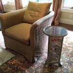 great upholstered chairs & mirrored side tables